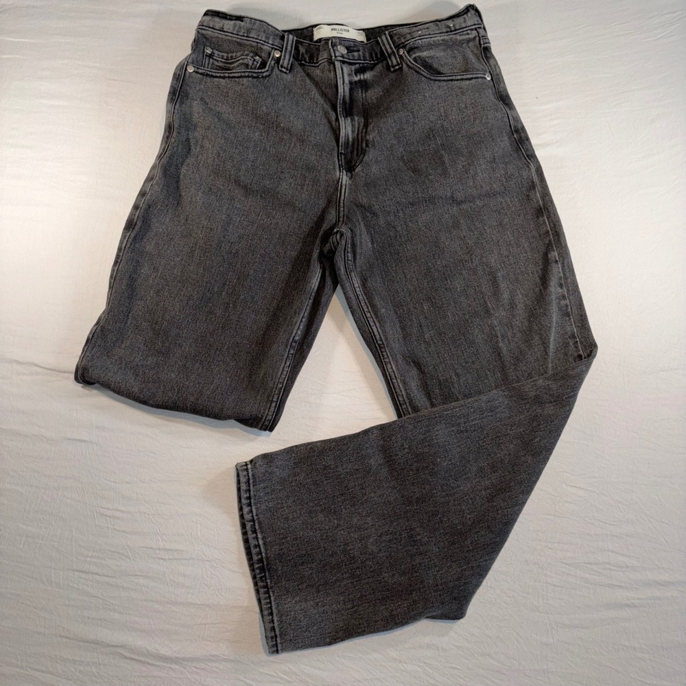 Hollister Baggy Jeans Mens 34x32 Washed Black Denim Y2K Graphic Relaxed Fit